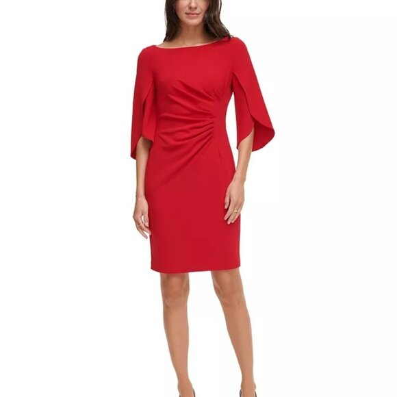 DKNY Open Sleeve Ruched Sheath Dress Size 8 Red Holiday - Picture 2 of 8
